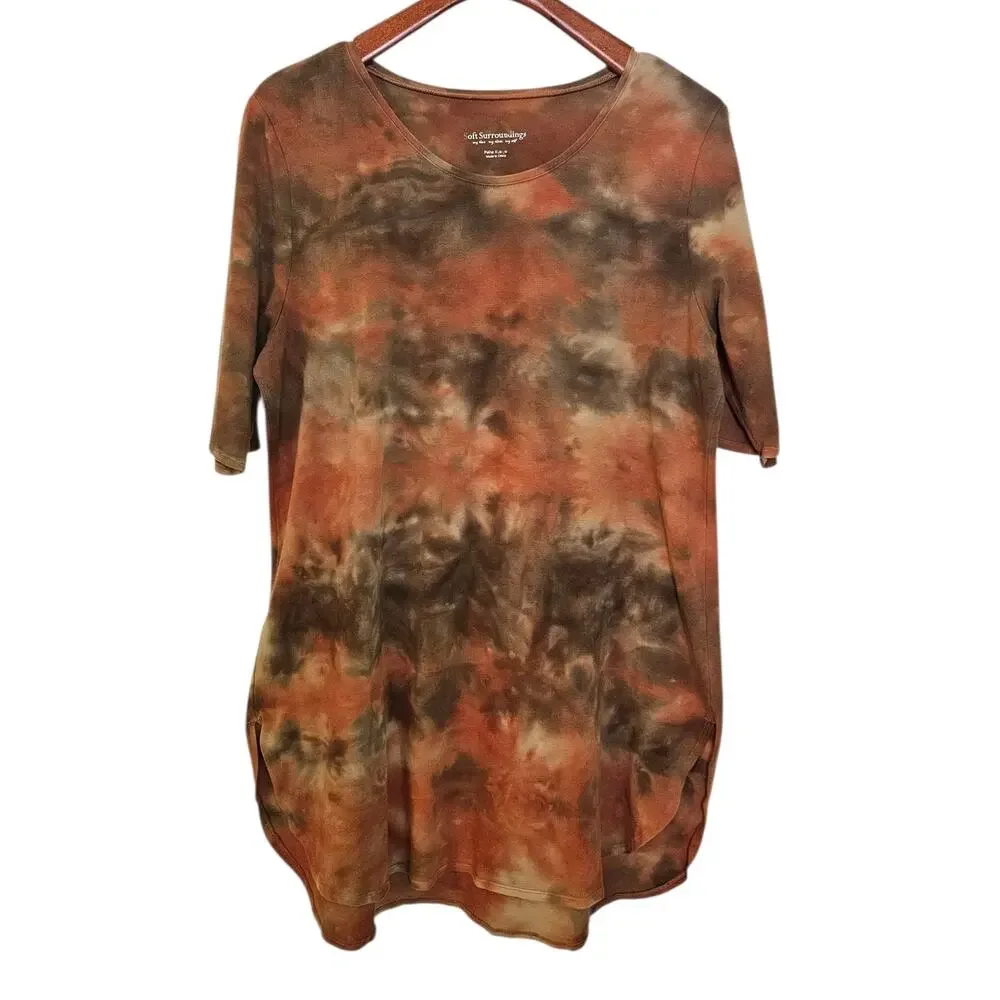 Soft Surroundings Orange & Green Tie Dye Lagenlook Boho Tunic Dress
